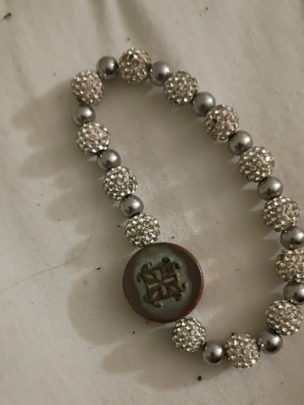 Silver Crystal Bead Stretch Bracelet with Decorative Center
